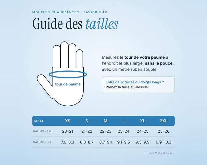 Guide des tailles : tour de paume en cm, du XS au 2XL